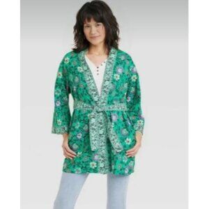 Knox Rose Womens Floral Kimono Wrap Robe Size XS Green Belted Boho Spring Lounge